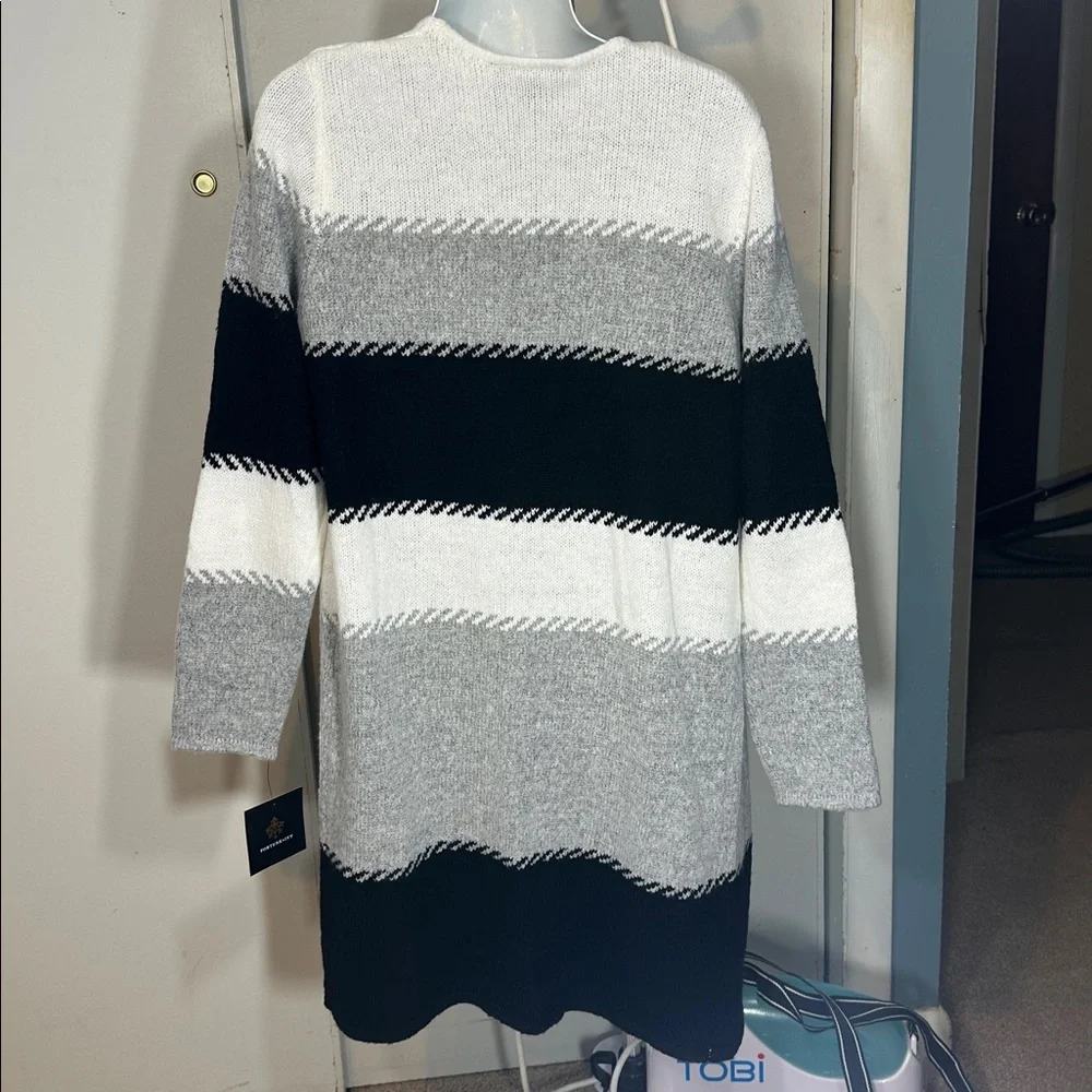 SMALL Fortune & Ivy Long Open Front Cardigan womans black grey white sweater NEW - Picture 6 of 6